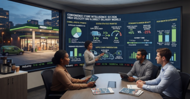 A retail strategy team analyzing convenience store intelligence dashboards, high-velocity SKU strategies, and direct delivery models in a modern corporate boardroom.