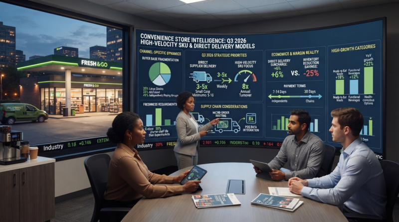 A retail strategy team analyzing convenience store intelligence dashboards, high-velocity SKU strategies, and direct delivery models in a modern corporate boardroom.