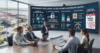 A corporate strategy meeting reviewing hypermarket intelligence dashboards, volume commitments, and 6-12 month supplier forecast agreements in a boardroom overlooking a distribution center.