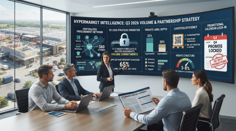 A corporate strategy meeting reviewing hypermarket intelligence dashboards, volume commitments, and 6-12 month supplier forecast agreements in a boardroom overlooking a distribution center.