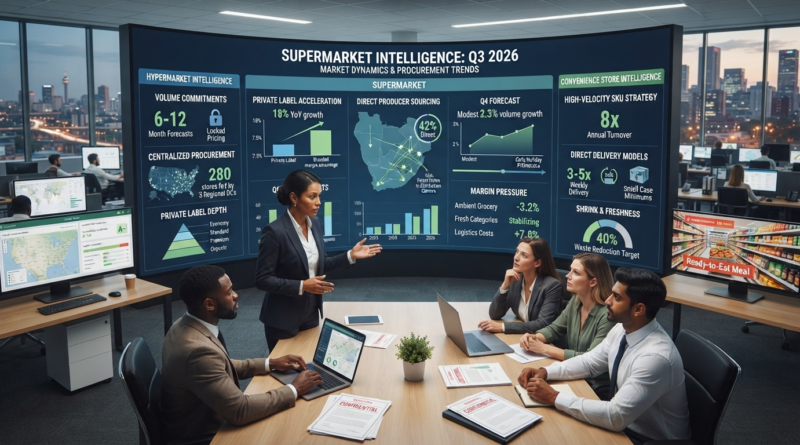 A corporate strategy team analyzing Q3 2026 supermarket intelligence dashboards, data visualization charts, and retail procurement trends in a modern boardroom.